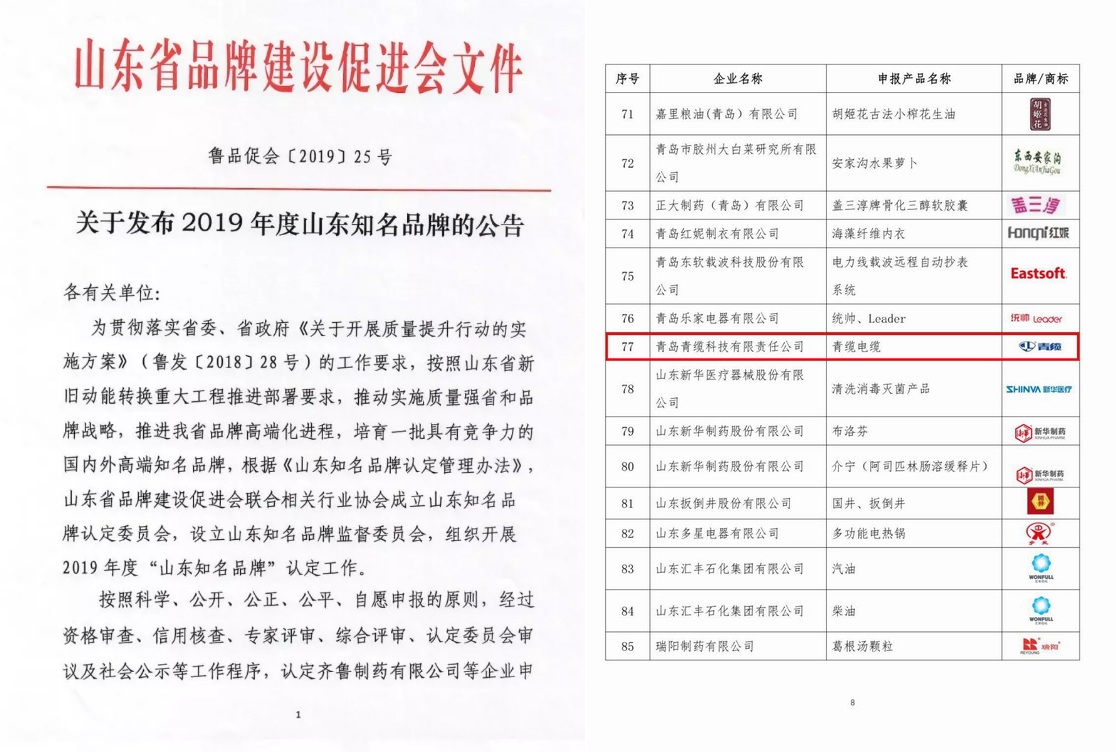 青纜牌電纜被認(rèn)定為“山東知名品牌”(圖2)
